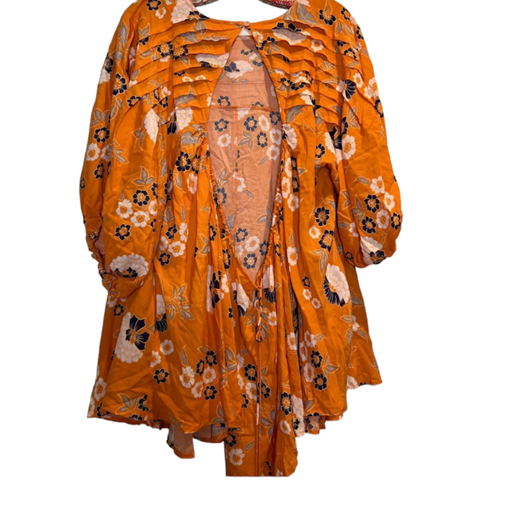 Free People Edie Oversized Orange Floral Open Back Hi Lo Boho Tunic Blouse XS - Picture 6 of 7